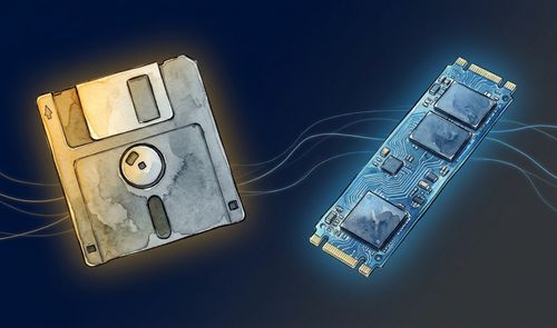 Ilustración de un disquete clásico de 3,5 pulgadas junto a una unidad de almacenamiento SSD M.2 moderna sobre un fondo oscuro con líneas onduladas.