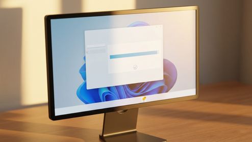 Monitor de ordenador mostrando el fondo de escritorio de Windows 11 con una ventana de progreso de actualización sobre una mesa de madera.