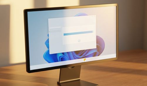 Monitor de ordenador mostrando el fondo de escritorio de Windows 11 con una ventana de progreso de actualización sobre una mesa de madera.