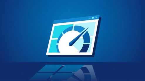 Ilustración de una ventana de software con un velocímetro en su interior sobre un fondo azul, representando el rendimiento del sistema operativo.