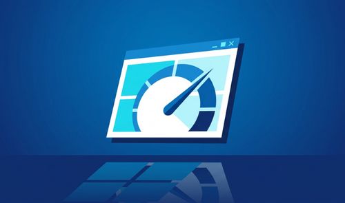 Ilustración de una ventana de software con un velocímetro en su interior sobre un fondo azul, representando el rendimiento del sistema operativo.