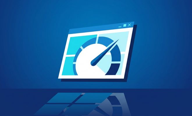 Ilustración de una ventana de software con un velocímetro en su interior sobre un fondo azul, representando el rendimiento del sistema operativo.