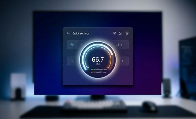 Interfaz de Configuración rápida de Windows 11 mostrando un indicador circular de prueba de velocidad de red.