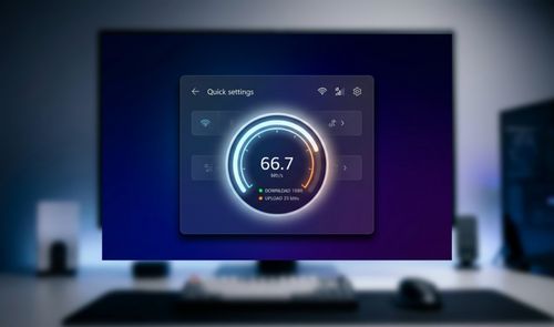 Interfaz de Configuración rápida de Windows 11 mostrando un indicador circular de prueba de velocidad de red.