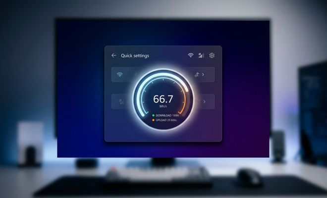 Interfaz de Configuración rápida de Windows 11 mostrando un indicador circular de prueba de velocidad de red.