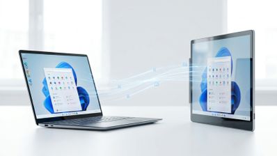 Ilustración conceptual de conexión remota entre un ordenador portátil y una tableta que muestran la interfaz de Windows App.
