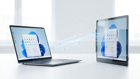 Ilustración conceptual de conexión remota entre un ordenador portátil y una tableta que muestran la interfaz de Windows App.