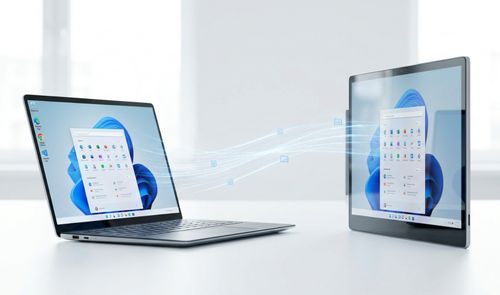 Ilustración conceptual de conexión remota entre un ordenador portátil y una tableta que muestran la interfaz de Windows App.