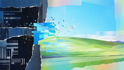 Composición artística estilo collage que recrea el fondo de pantalla Bliss de Windows XP con recortes de papel y elementos digitales.
