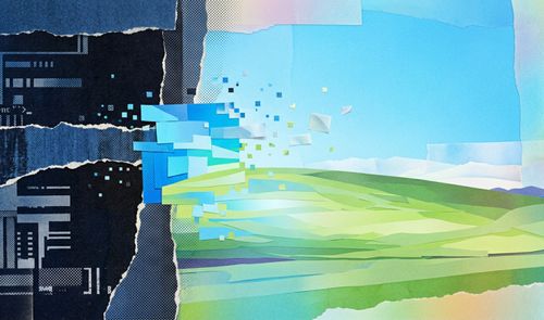 Composición artística estilo collage que recrea el fondo de pantalla Bliss de Windows XP con recortes de papel y elementos digitales.