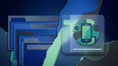 Ilustración conceptual que muestra una serie de carpetas apiladas en cascada y un icono de smartphone dentro de una interfaz traslúcida sobre un fondo azul rasgado.
