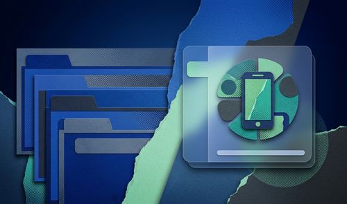 Ilustración conceptual que muestra una serie de carpetas apiladas en cascada y un icono de smartphone dentro de una interfaz traslúcida sobre un fondo azul rasgado.