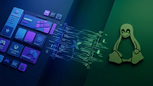 Ilustración conceptual que conecta la interfaz de PC Game Pass y Microsoft Store con el logotipo de Linux a través de líneas de código.