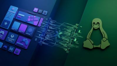 Ilustración conceptual que conecta la interfaz de PC Game Pass y Microsoft Store con el logotipo de Linux a través de líneas de código.