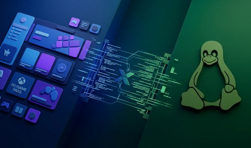 Ilustración conceptual que conecta la interfaz de PC Game Pass y Microsoft Store con el logotipo de Linux a través de líneas de código.