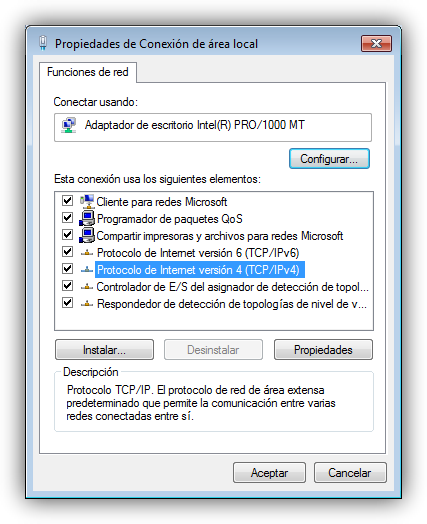Propiedades adaptador de red en Windows 7