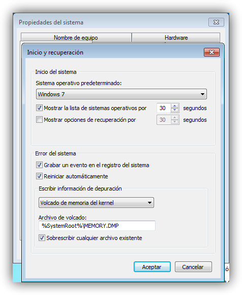 Opciones de inicio y recuperación de Windows 7