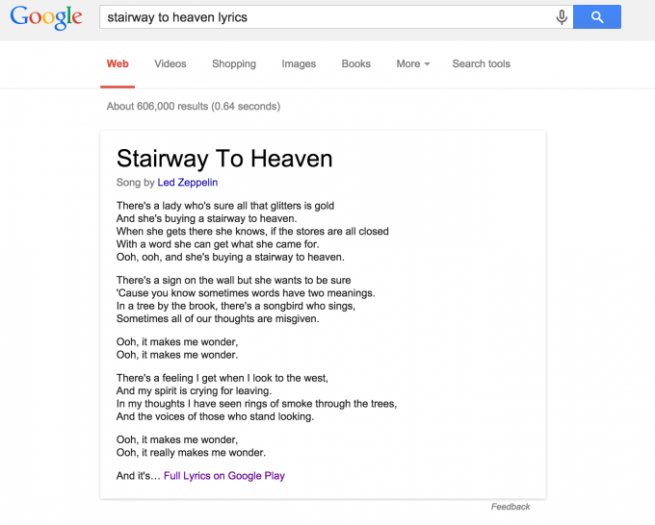 La letra de las canciones en Google