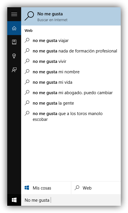 Ejemplo de búsqueda en Cortana con los resultados de Bing