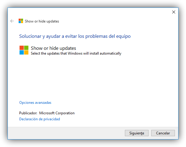 Herramienta para mostrar u ocultar actualizaciones de Windows 10