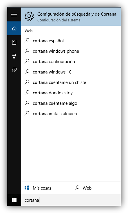 Cortana busquedas windows 10