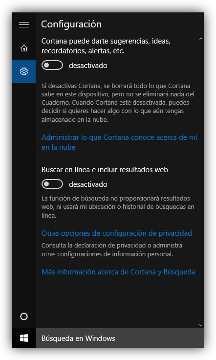 Desactivar resultados Bing Cortana Windows 10