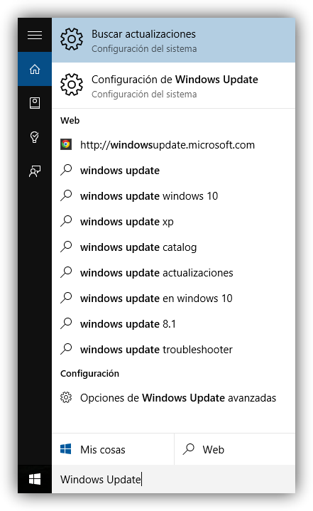Buscar Windows Update en Windows 10