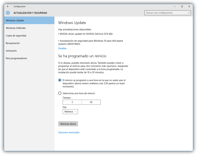 Actualizaciones pendientes de Windows 10
