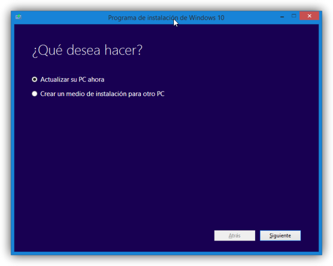 Elegir entre actualizar o crear medio de instalación de Windows 10