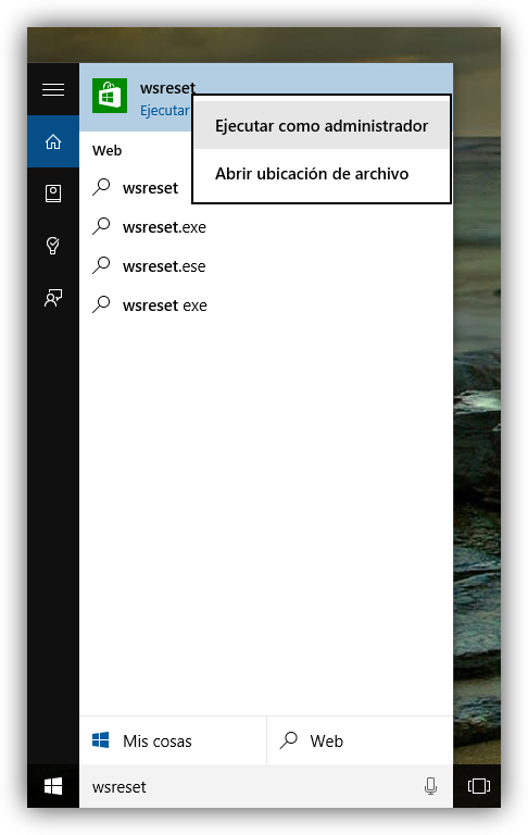 Comando para borrar la caché de la Windows Store en Windows 10