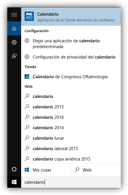 Buscar la aplicación de calendario en Windows 10