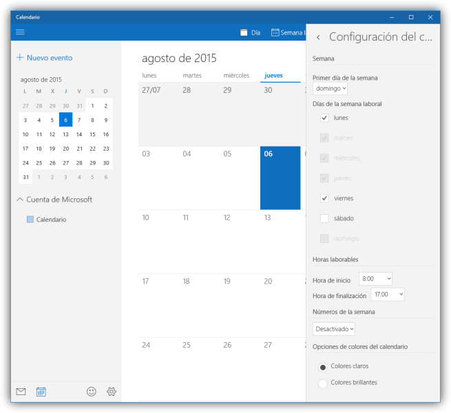 Opciones de configuración del calendario de Windows 10
