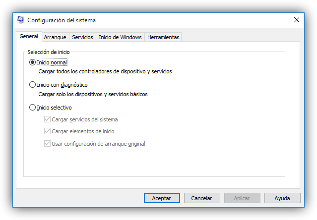 Ventana principal de Msconfig en Windows 10
