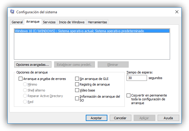 Configurar el arranque de Windows 10 desde Msconfig