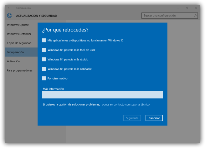 Encuesta de Microsoft al desinstalar Windows 10
