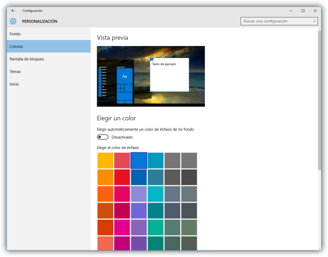 Nueva configuracion de colores de Windows 10