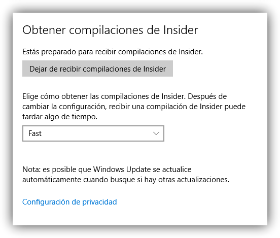 Opciones de Windows Insider