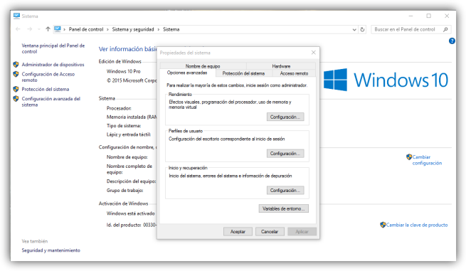 Opciones de configuracion avanzada de Windows 10