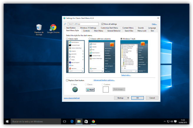 Windows 10 y configuracion de ClassicShell