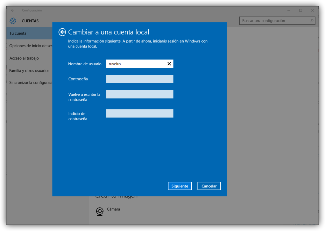 Configurar nueva cuenta local en Windows 10