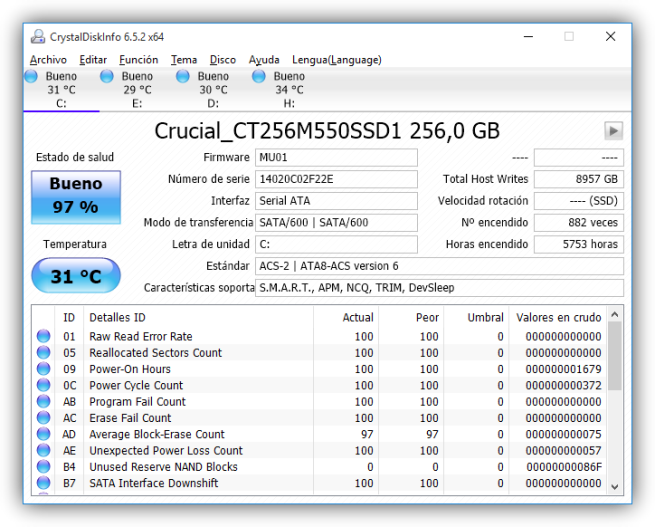 CrystalDiskInfo - Estado unidad SSD