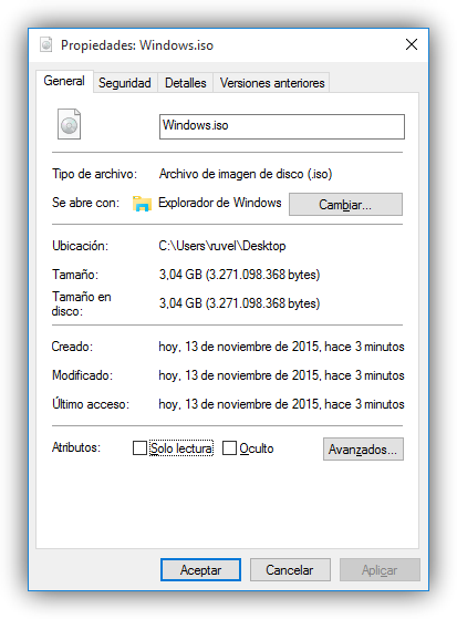 Propiedades de la ISO de Windows 10 November 2015