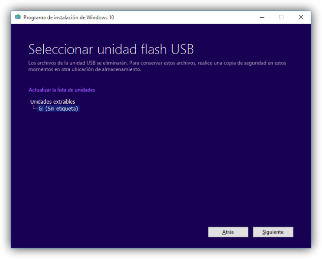 Windows 10 Media Creator - Elegir unidad USB para crear instalador