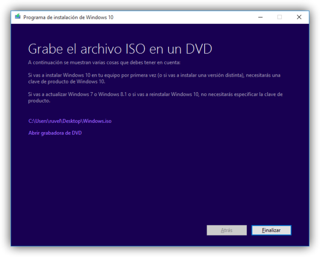 Windows 10 Media Creator - Grabar ISO a un DVD