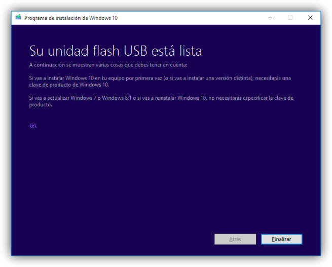 Windows 10 Media Creator - USb de instalación creado