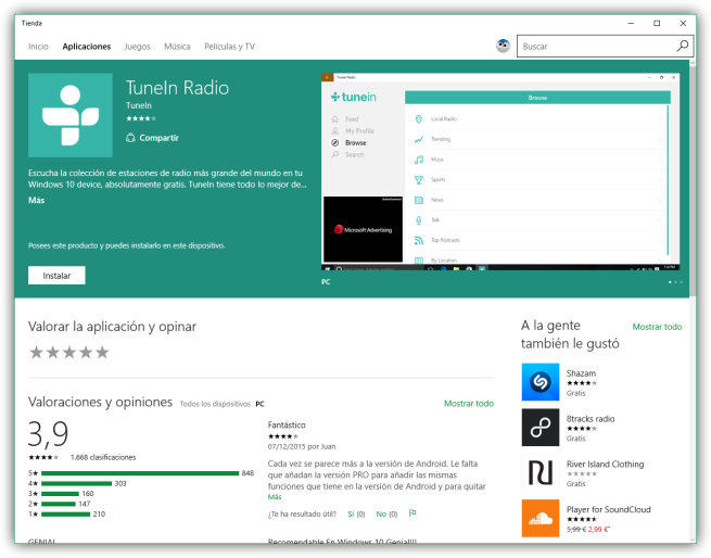 Descargar TuneIn Radio para Windows 10 desde la tienda