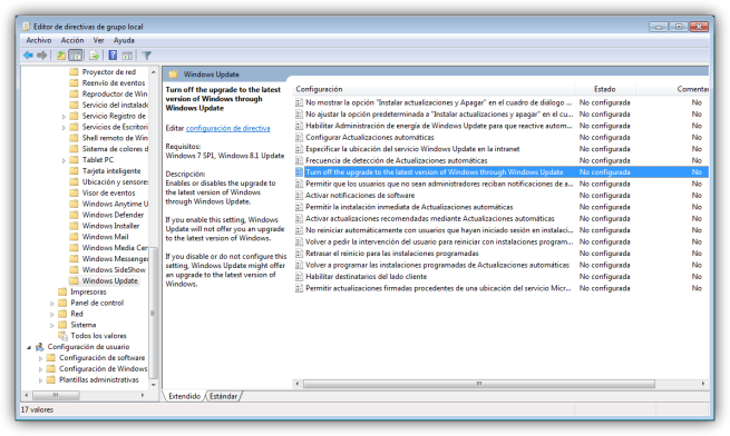 Windows 7 - Desactivar actualización Windows 10 desde directivas de grupo