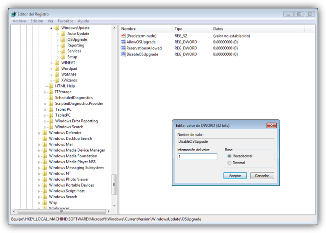 Windows 7 - desactivar actualización Windows 10 desde registro