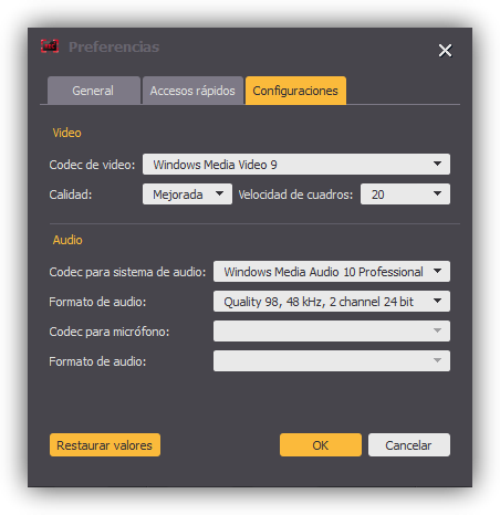 Aiseesoft Screen Recorder - Preferencias codec