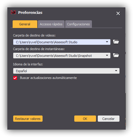 Aiseesoft Screen Recorder - Preferencias generales